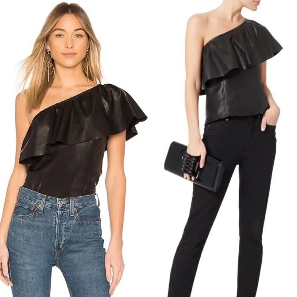 NWT A.L.C. Davos Lamb Leather Black Crop Top One Shoulder Ruffle Size 0